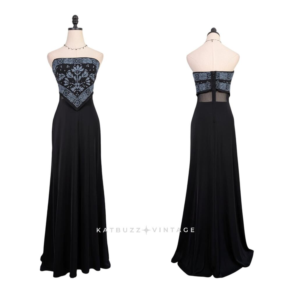 Vintage Tadashi Prom Dress Maxi Gown M Black 90s Strapless Grunge Boho Glam Y2K